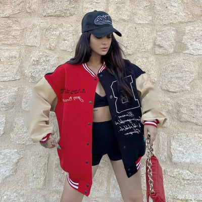 Contrast Color Baseball Jacket Cardigan Top For Women