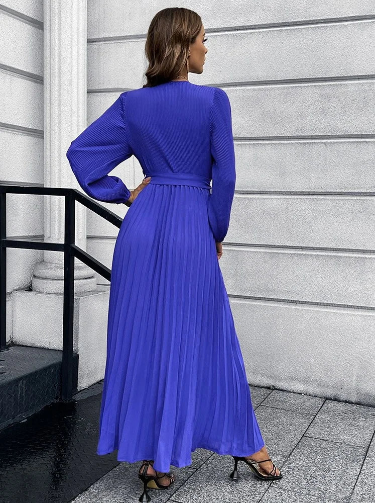 V Neck Long Sleeve Pleated Mid Length Dress