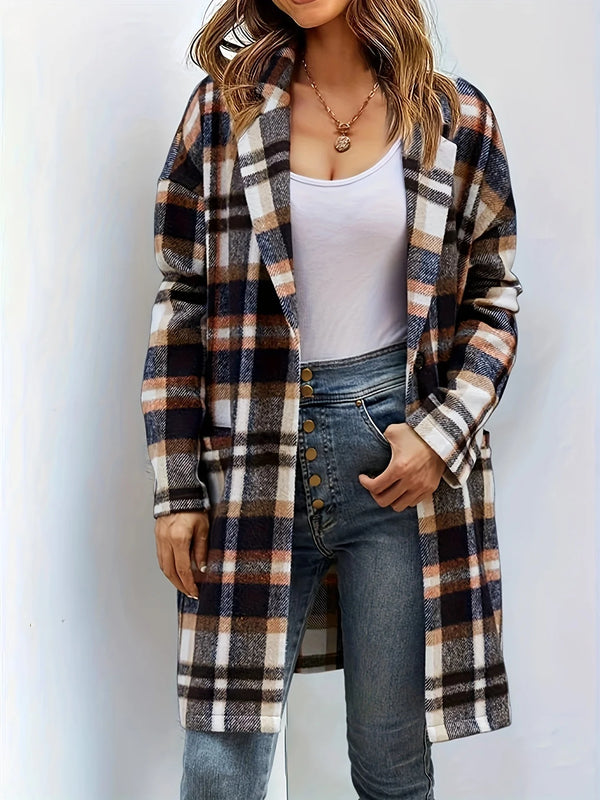 Suede Coat Sanded Plaid Mid Length Coat With Pocket