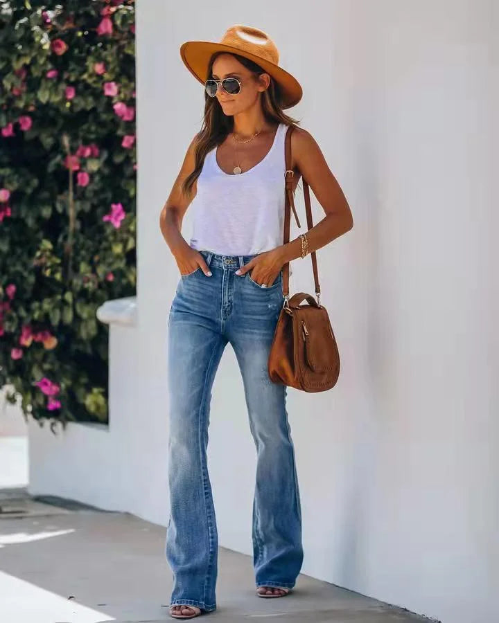 High Waisted Stretch Mini Bell Bottom Jeans