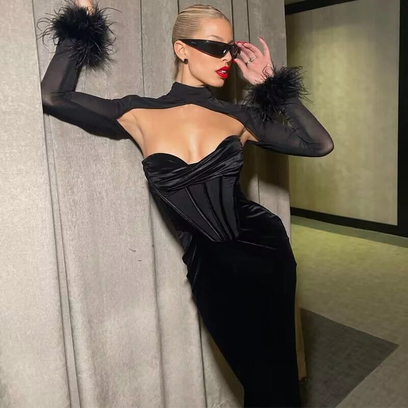 New Plush Mesh Patchwork Nightclub Style Cut Out Maxi Dress Slim Fit