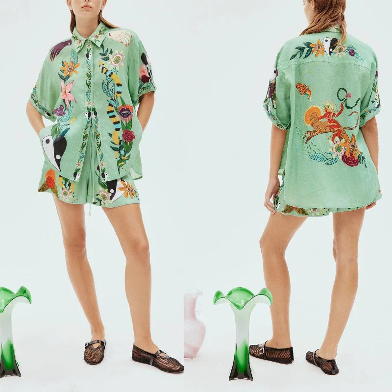 Two-piece Suit Cotton and Linen Printed Shirt Shorts