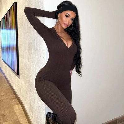 Solid Color Slim Fit Sports Long Sleeve Jumpsuit
