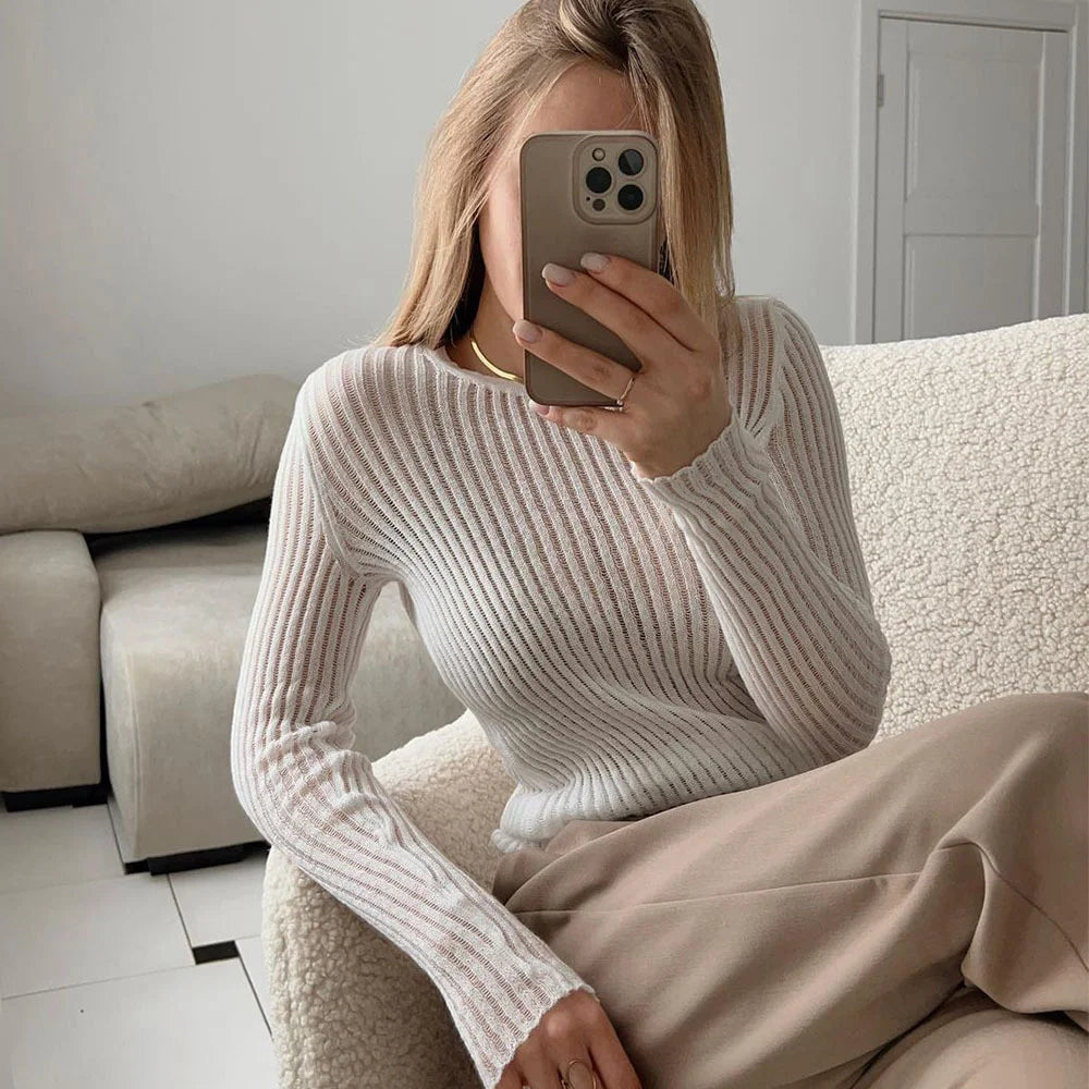 Sexy Slim Wool Round Necked Long Sleeved Thin Pit Stripe Sweater