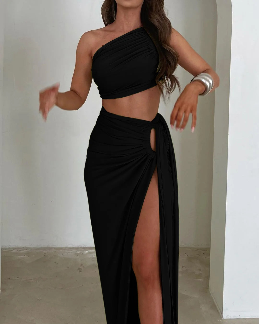 Open Back Bandeau Top Slim Slit Skirt Set