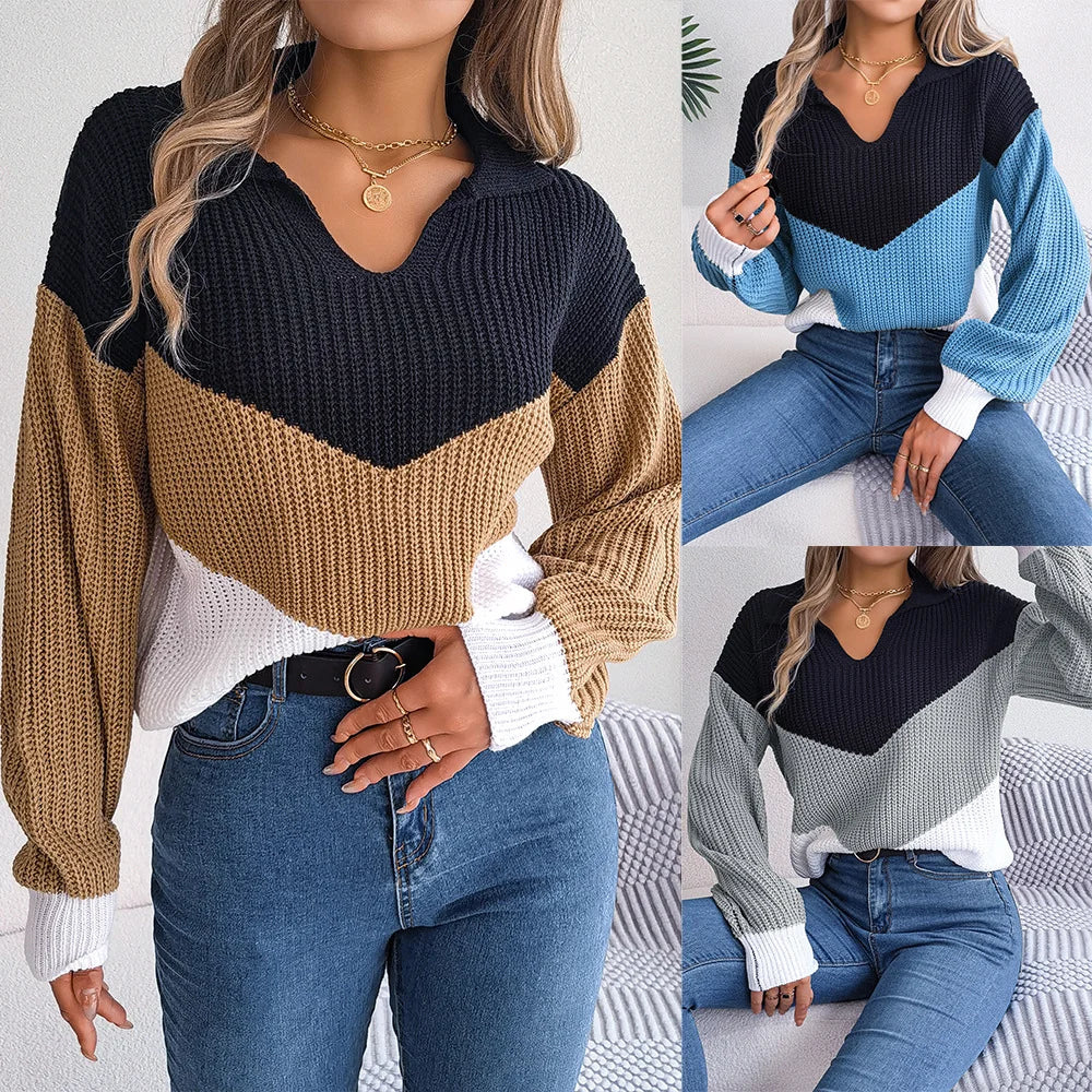 Casual Lapel Contrast Long Sleeved Knitted Pullover Sweater