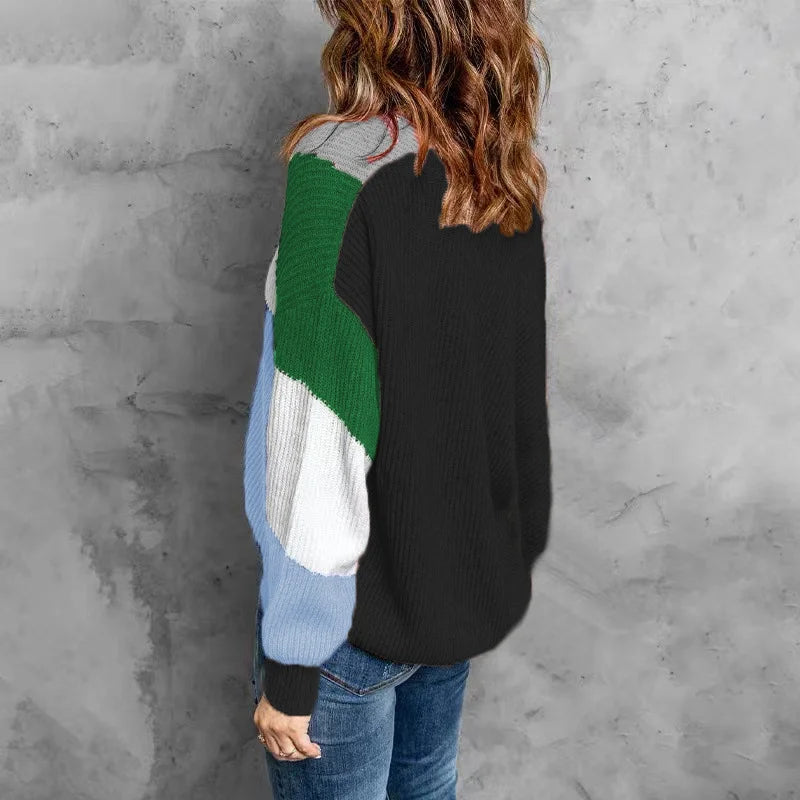 Button Blocking Color Cardigan Sweater Jacket