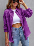 Long Sleeved Jeans Jacket With Holes In Solid Color
