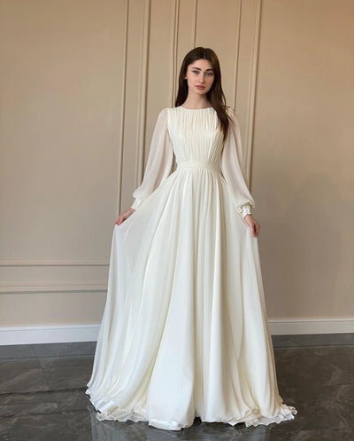 Lantern Pearlescent Gauze White Wedding Dress Round Neck Dress