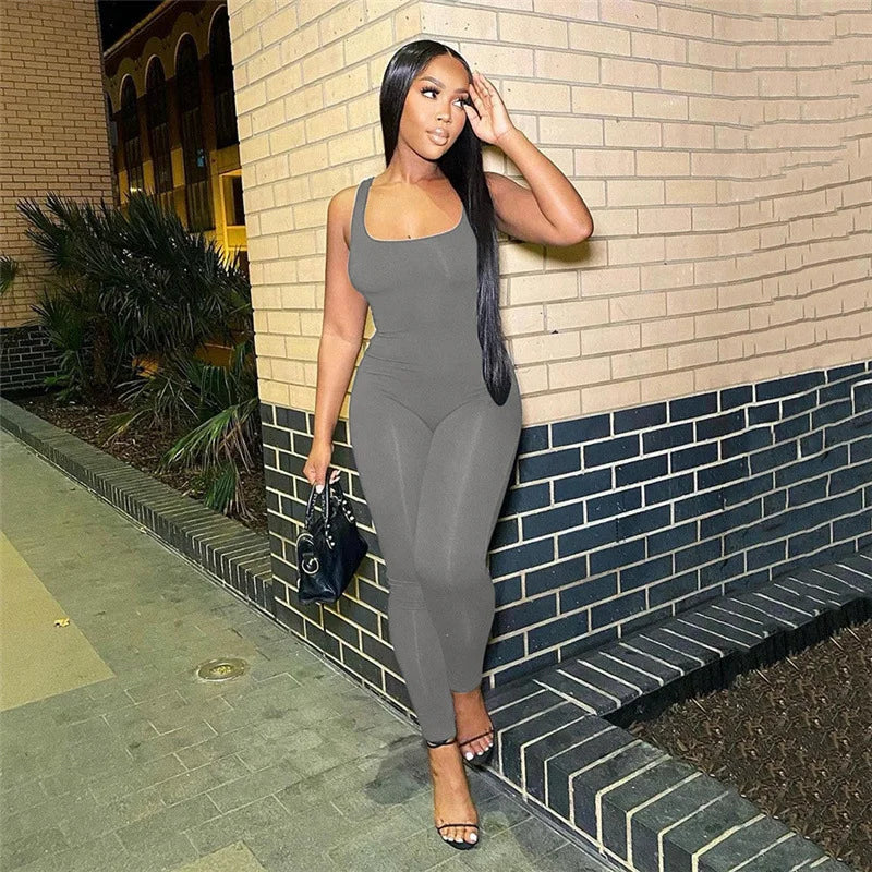 New Style Sleeveless Low Collar Slim High Waist Sports One Piece Trousers