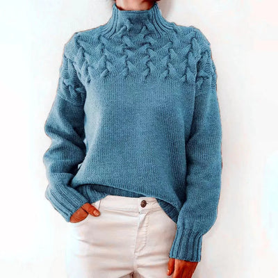 Casual Long Sleeved High Necked Solid Color Sweater