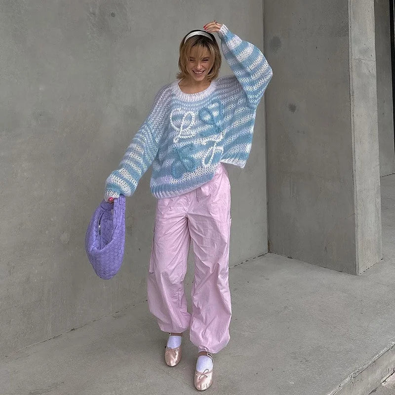 Colorful Striped Contrasting Sweater Loose Fitting Pullover Sweater