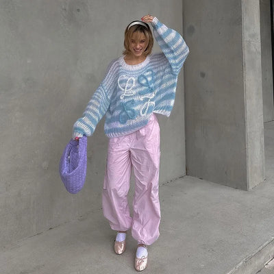 Colorful Striped Contrasting Sweater Loose Fitting Pullover Sweater