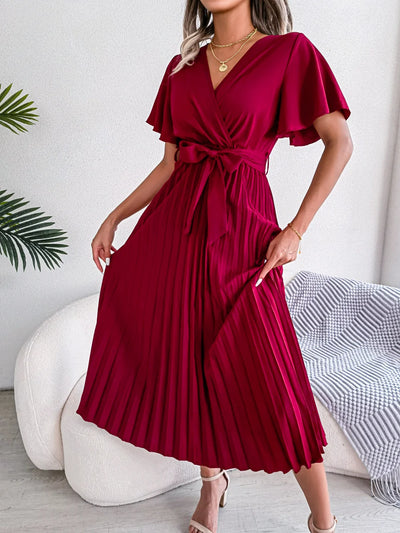 V Neck Large Swing Pleated Long