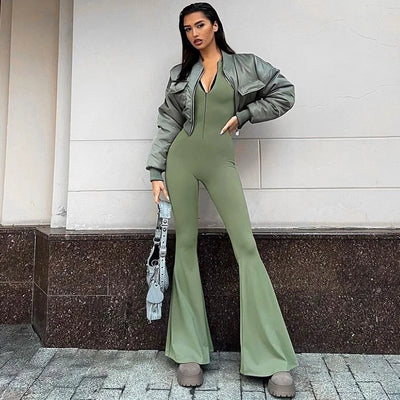 Solid Color Skinny Zipper Sports Yoga Jumpsuit