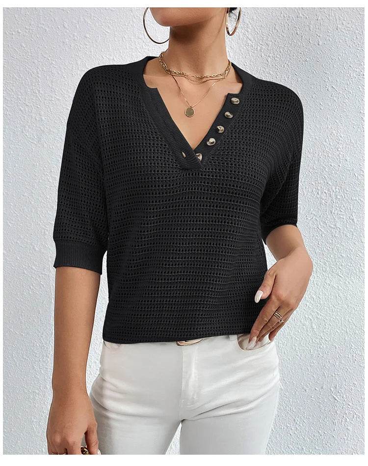 Short Sleeve V Neck Knitted Sweater