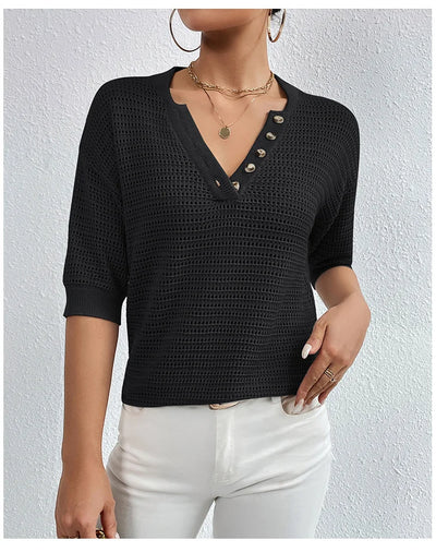 Short Sleeve V Neck Knitted Sweater