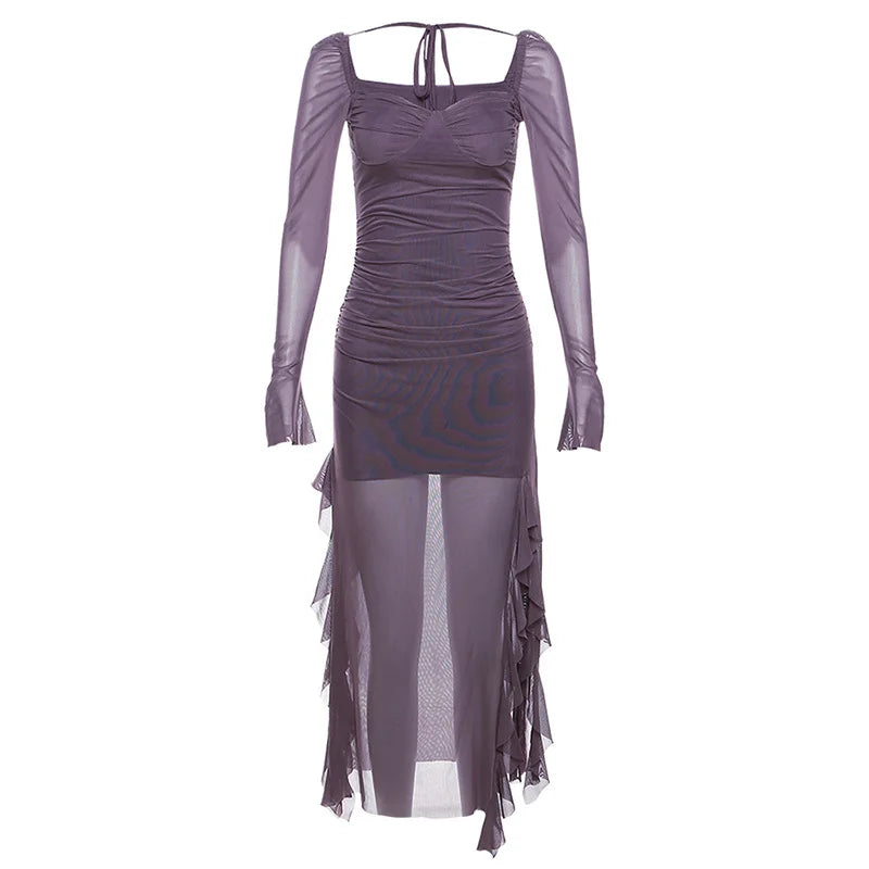 Solid Color Slim High Waist Fashion Square Neck Long Sleeve Mesh Dress