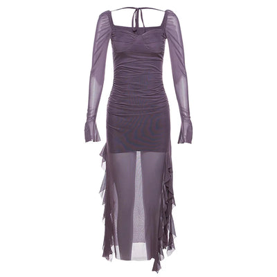 Solid Color Slim High Waist Fashion Square Neck Long Sleeve Mesh Dress