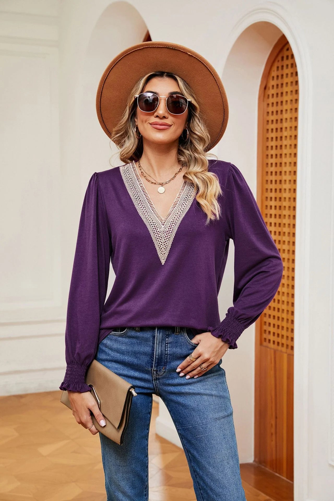 Lace Stitching Long Sleeve Loose Blouse