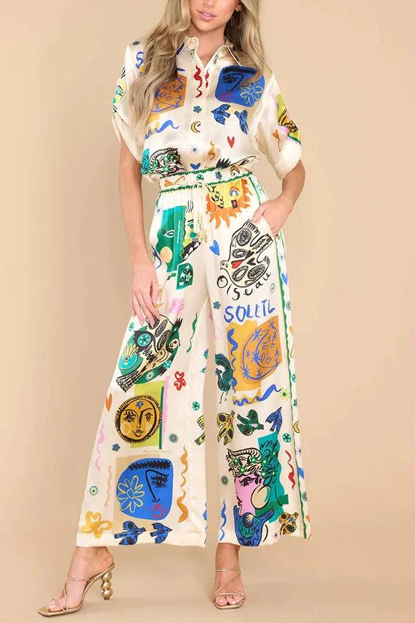 Graffiti Print Satin Short Sleeve Lapel Shirt