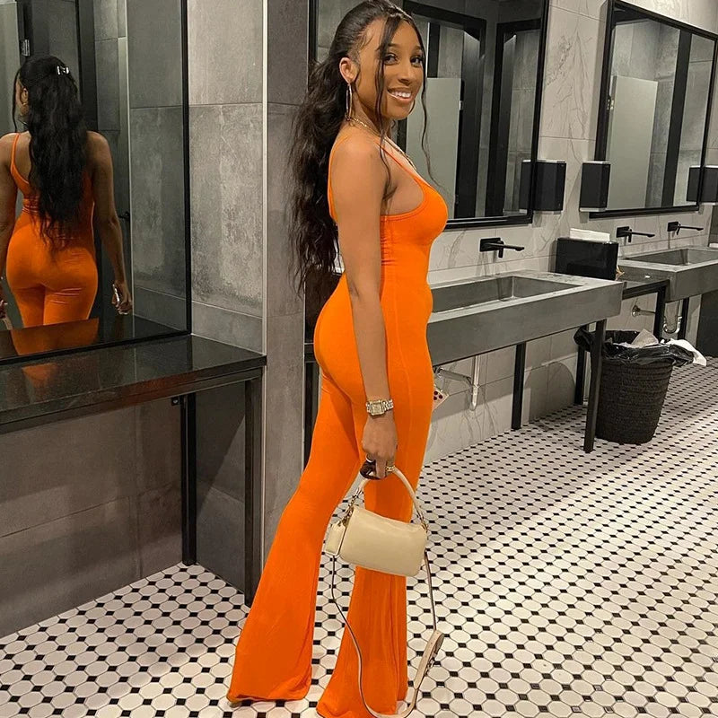 U Neck Backless Slim Color Suspender Jumpsuit