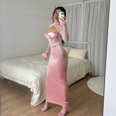 New Plush Mesh Patchwork Nightclub Style Cut Out Maxi Dress Slim Fit