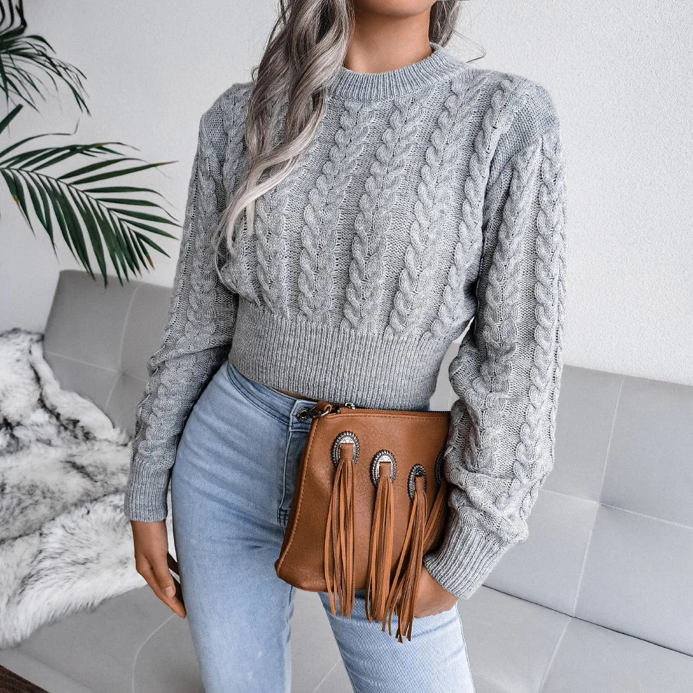 Twist Waist Knitted Crop Top Sweater Women’s Clothing