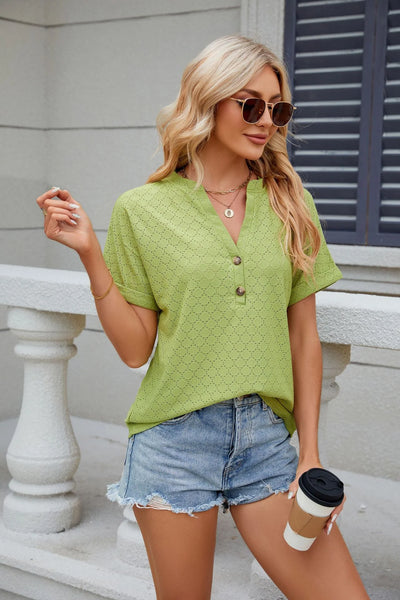 Pure Color V Collar Buttons Loose Short Sleeved T-Shirt Blouse