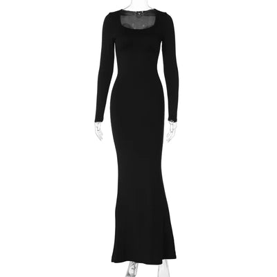 Fashion Slim Back Tie Up U Neck Long Sleeve Dress
