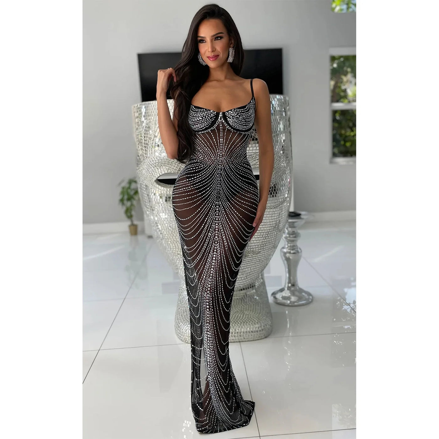 Mesh Hot Diamond Suspender Long Dress