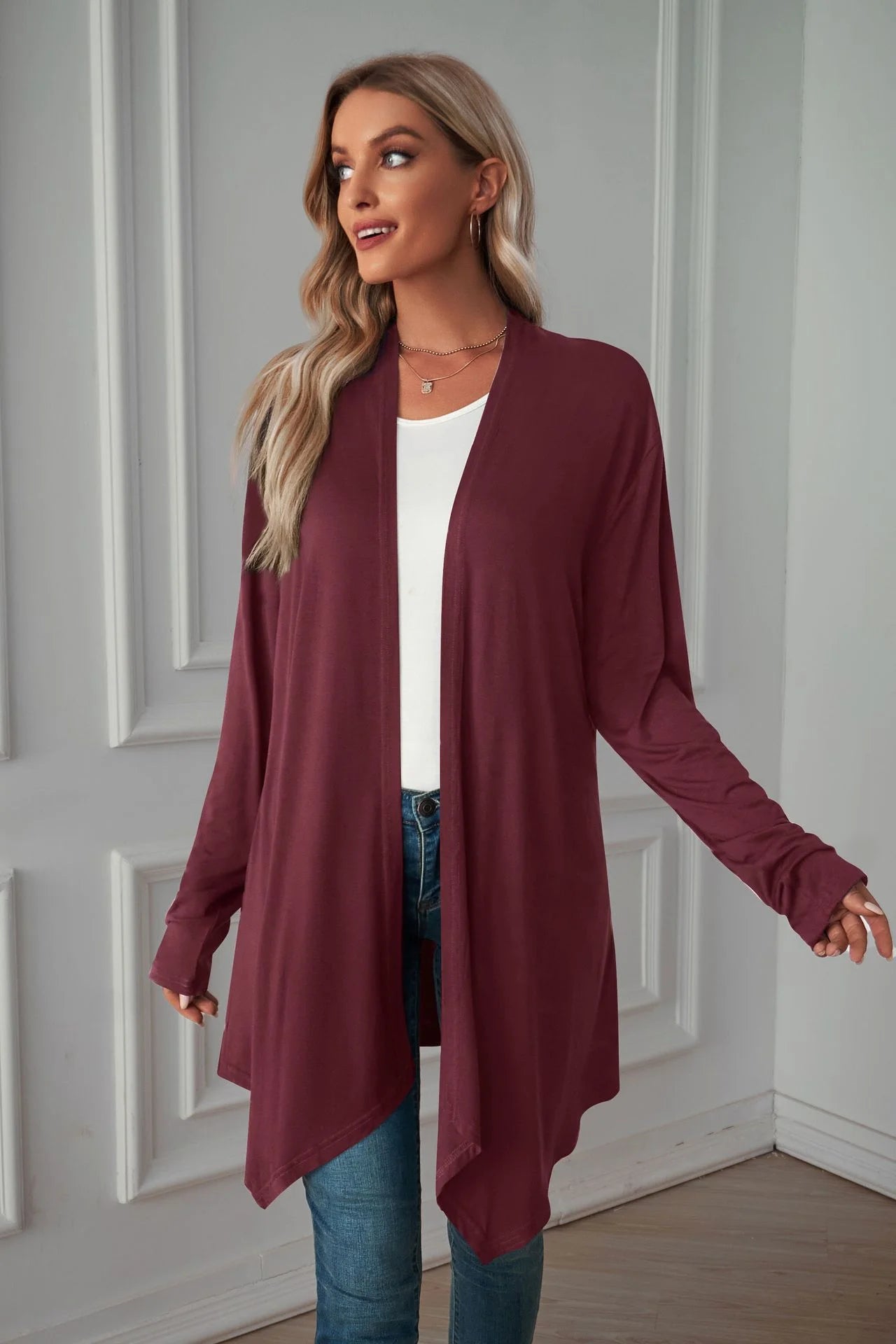 Pure Color Long Sleeved Cardigan Coat Long Blouse Woman