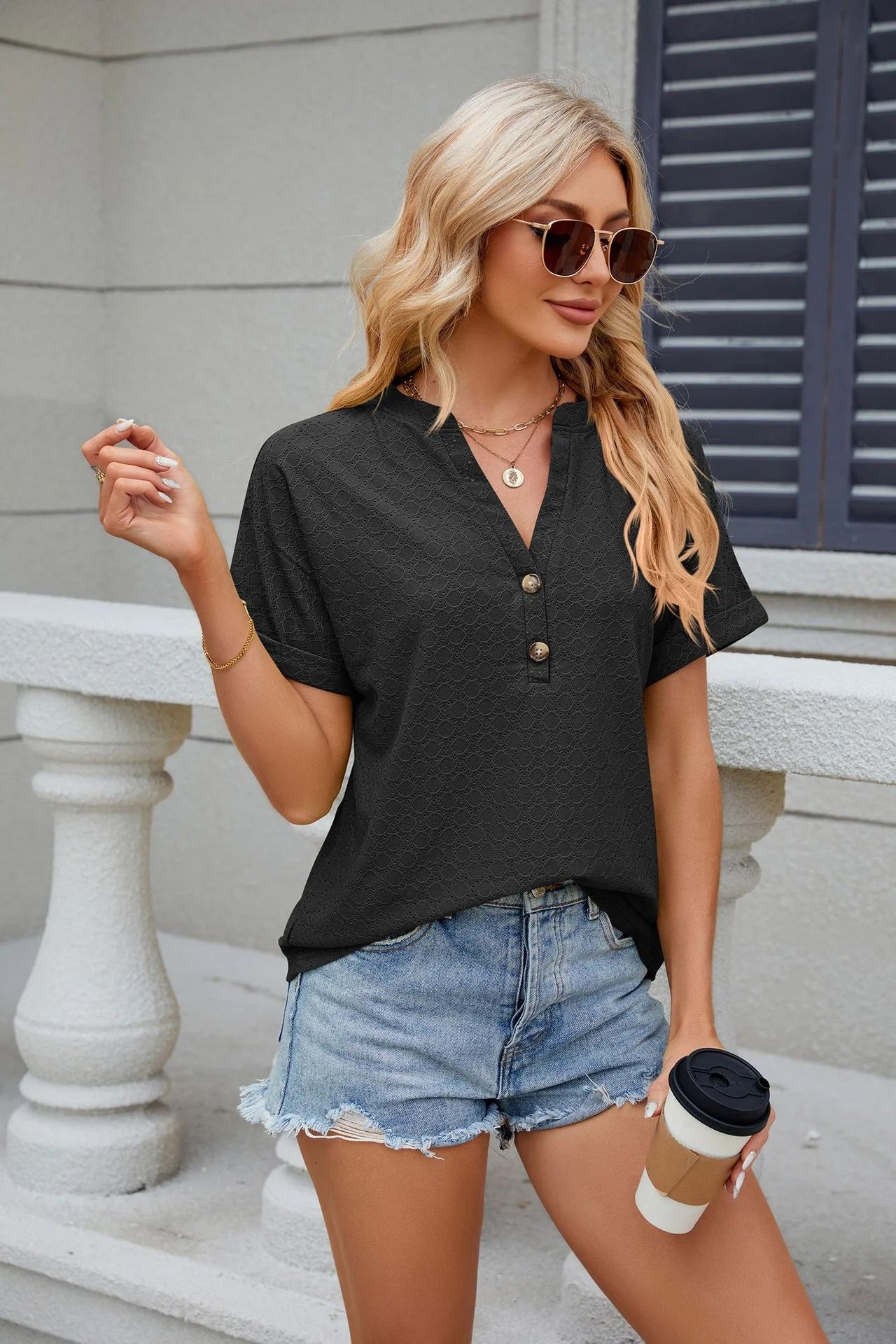 Loose Short Sleeve Button V Neck Blouse