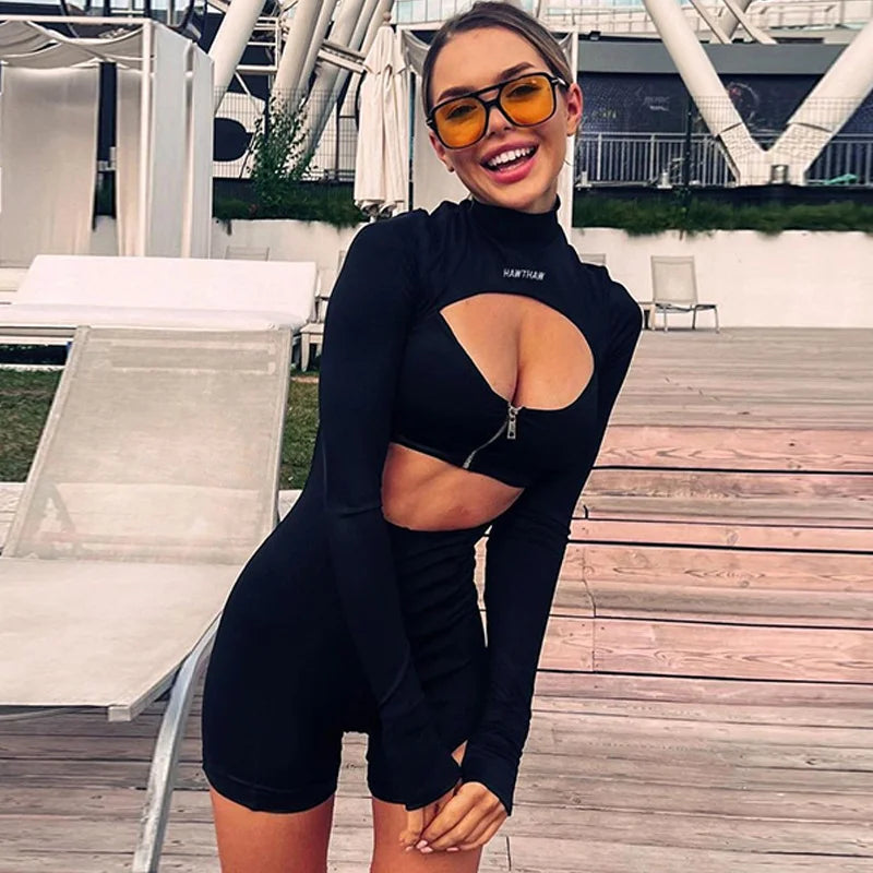 Hollow Zipper Tight Casual Jumpsuit