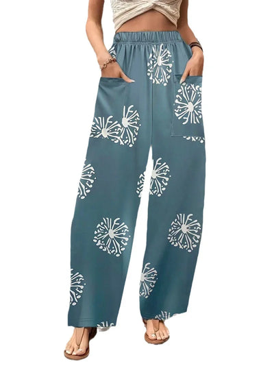 High Waisted Pocket Printed Long Pants and Wide Leg Pants