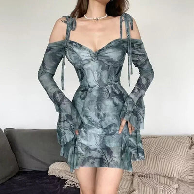 Sexy Shoulder Trumpet Sleeve With Printed Waist Dress