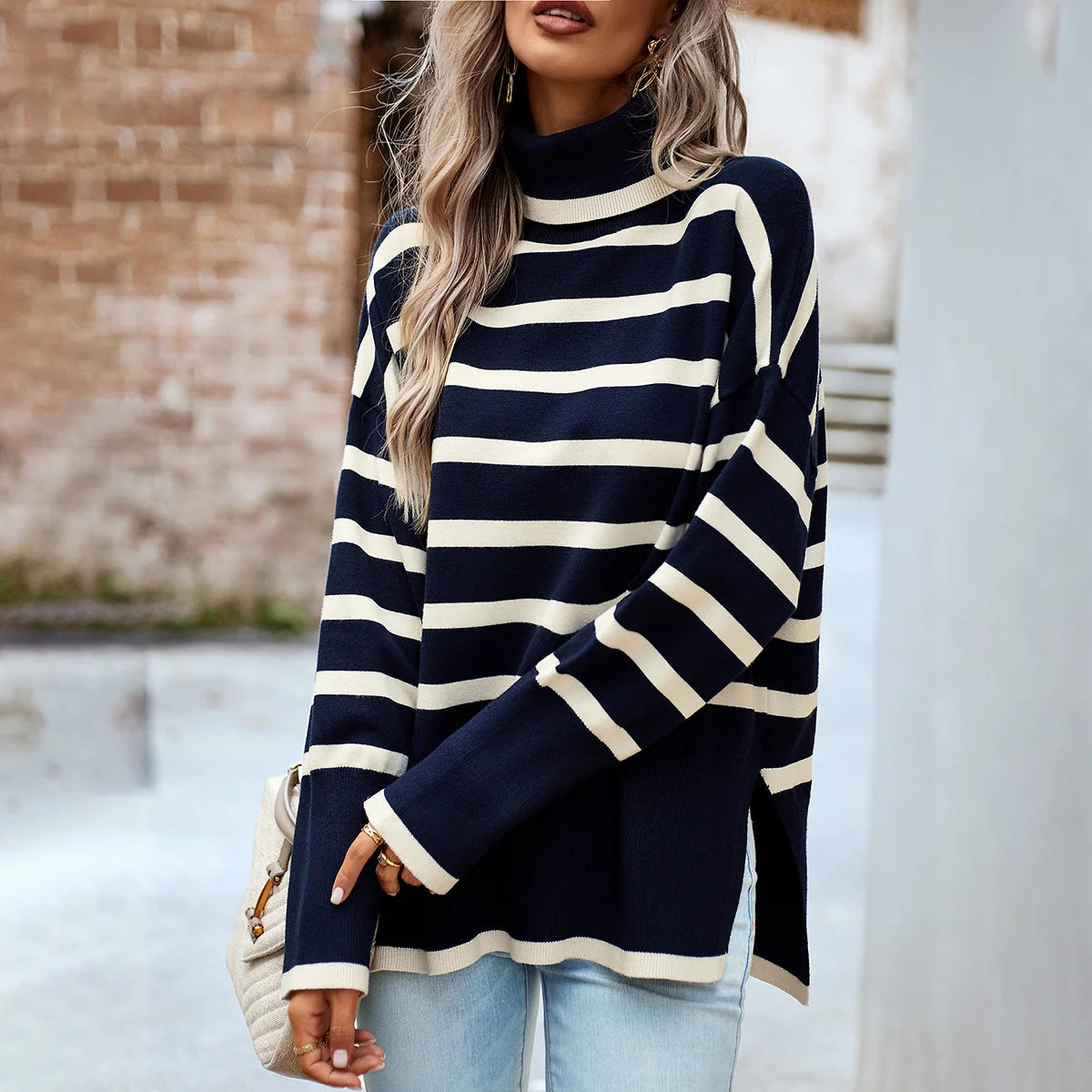 Diyun Striped Turtleneck Knit Top