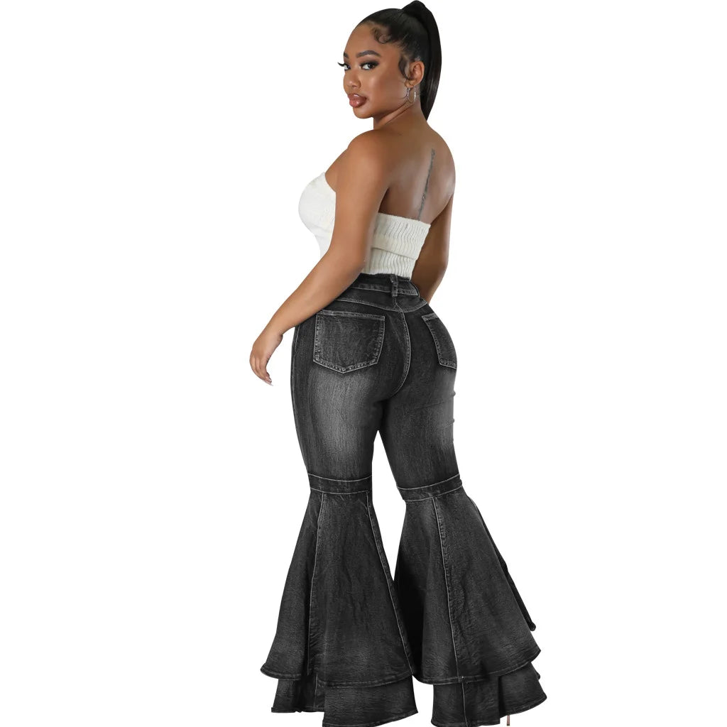 Versatile Wide Leg Washed Denim Stretch Bell Bottoms