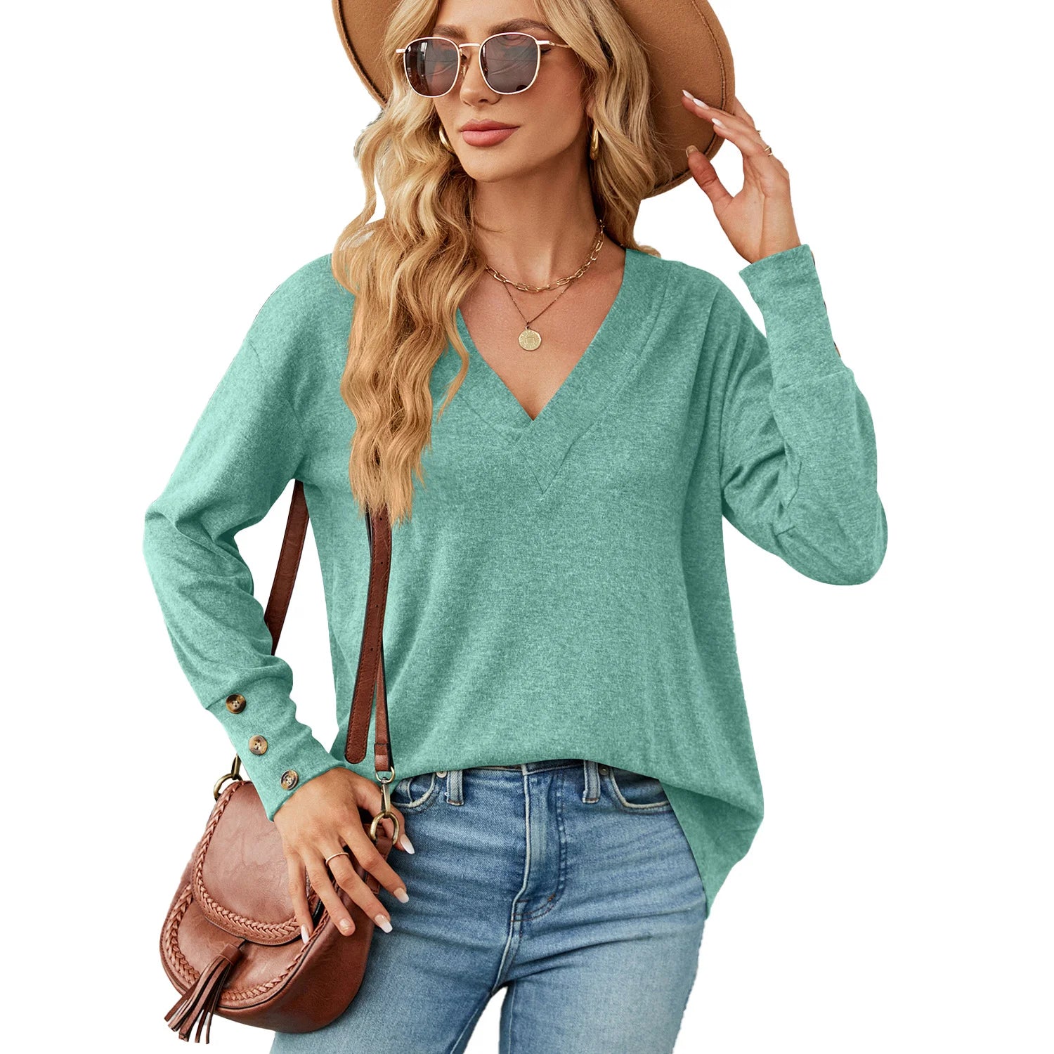 New Pure Color V Collar Loose Long Sleeved Button T Shirt Blouse