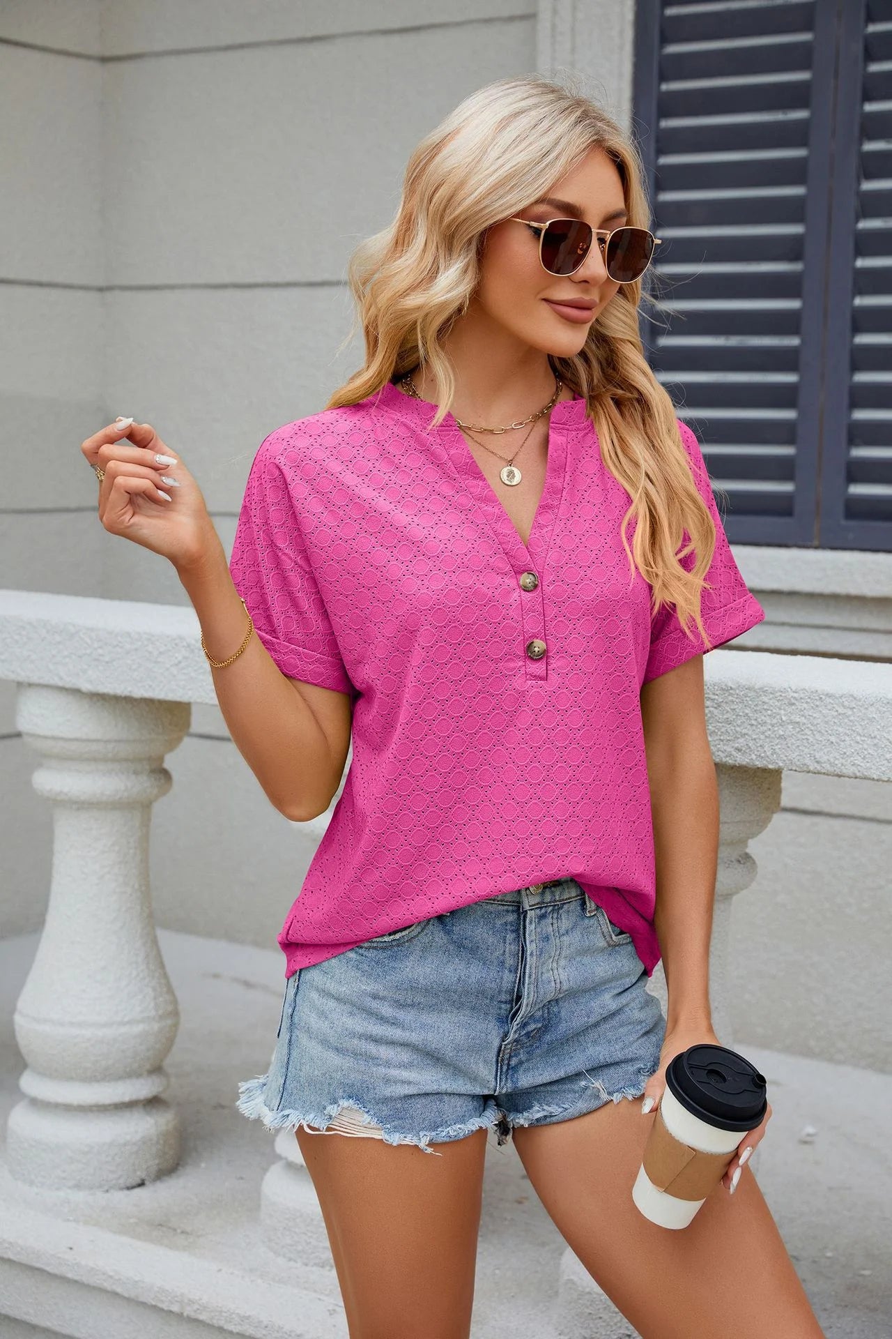 Pure Color V Collar Buttons Loose Short Sleeved T-Shirt Blouse