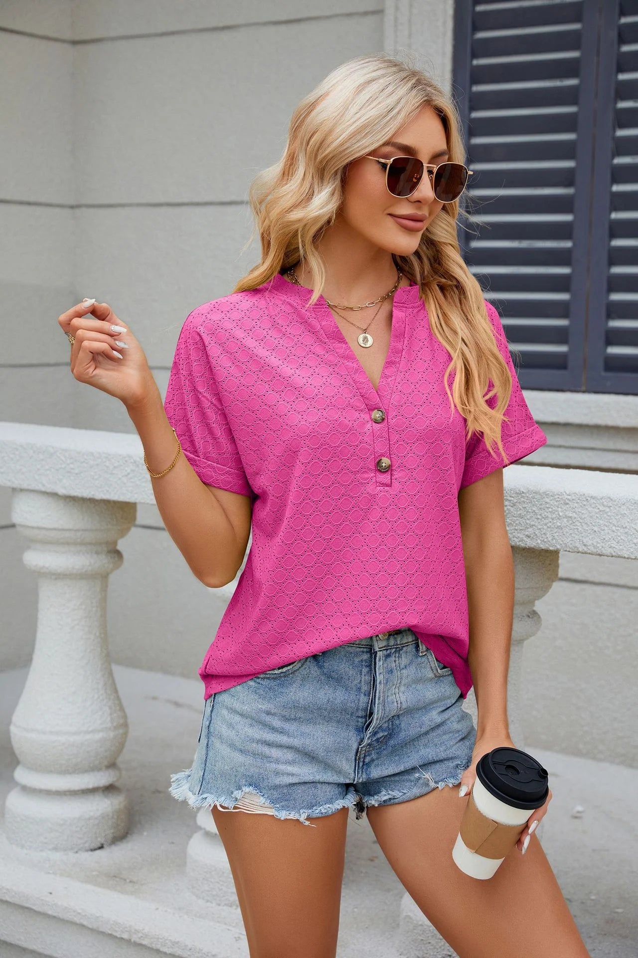 Loose Short Sleeve Button V Neck Blouse