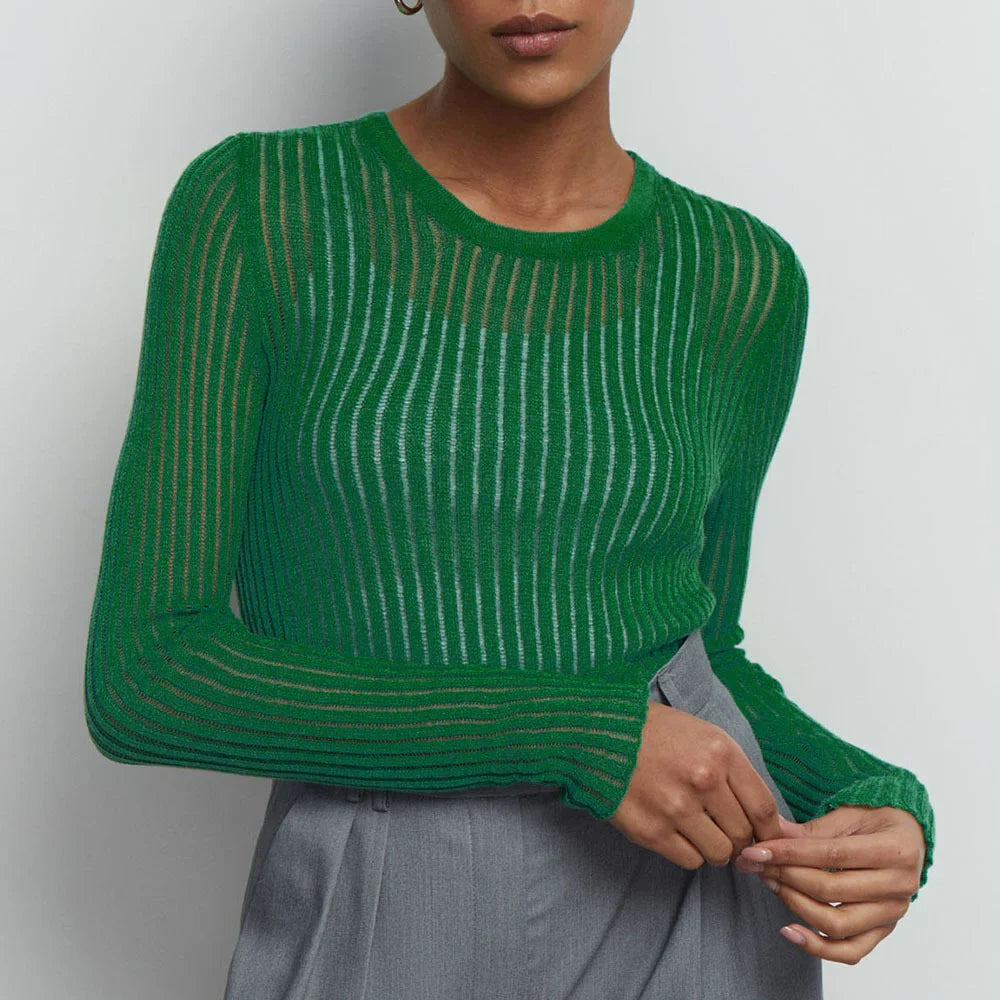 Sexy Slim Wool Round Necked Long Sleeved Thin Pit Stripe Sweater