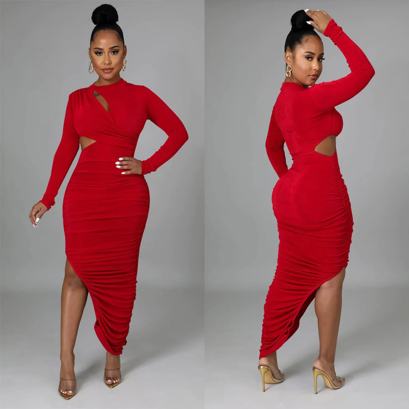 Solid Color Pleated Long Sleeved Dress