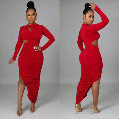 Solid Color Pleated Long Sleeved Dress