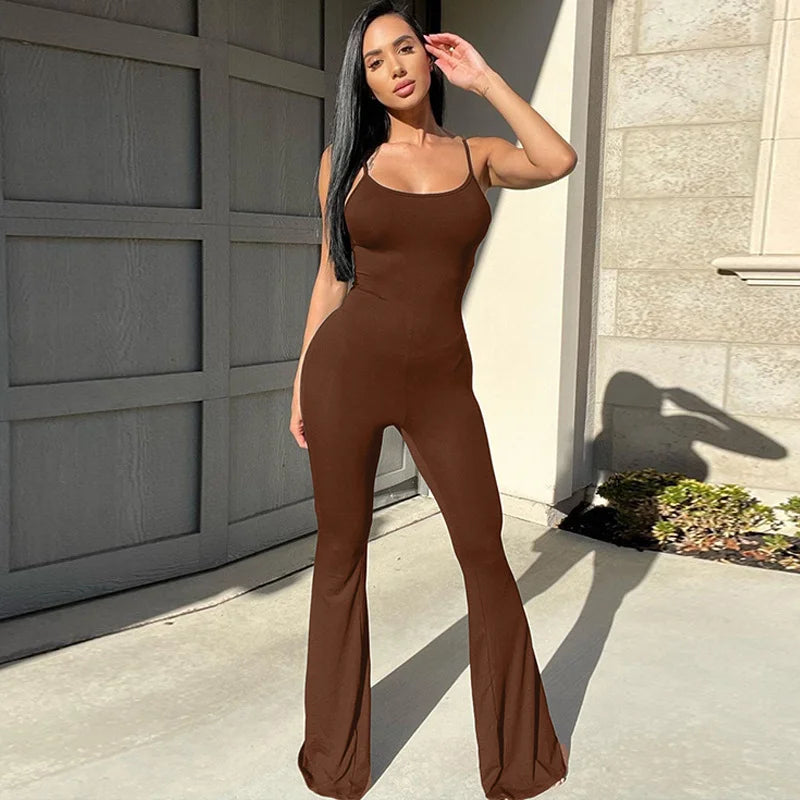 U Neck Backless Slim Color Suspender Jumpsuit