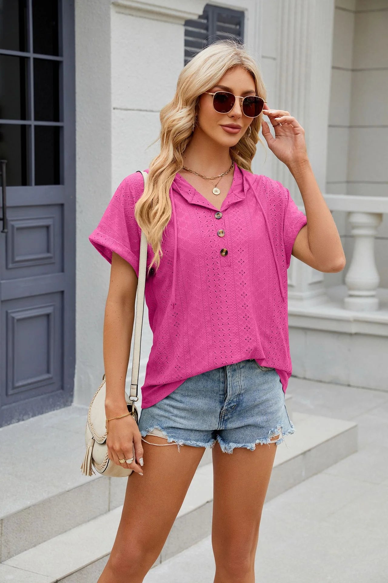 Loose Short Sleeve Button Down Blouse