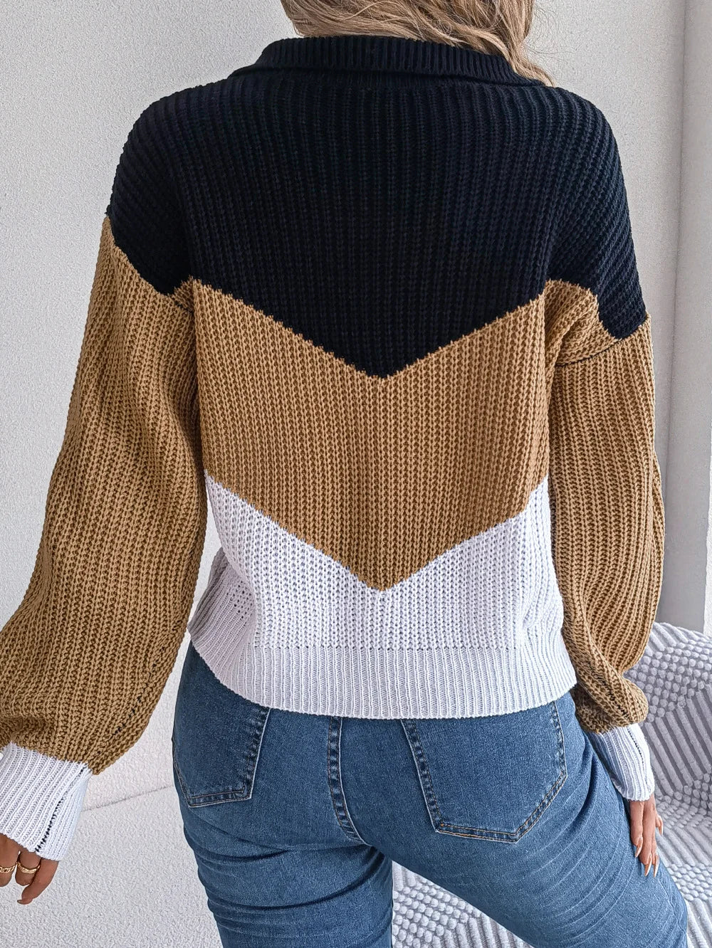 Casual Lapel Contrast Long Sleeved Knitted Pullover Sweater