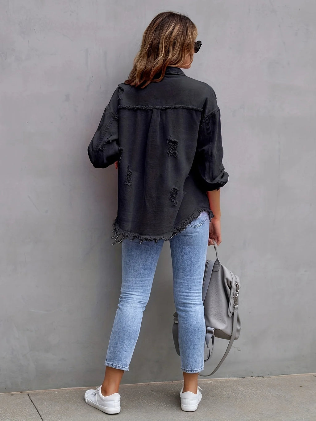 Long Sleeved Jeans Jacket With Holes In Solid Color