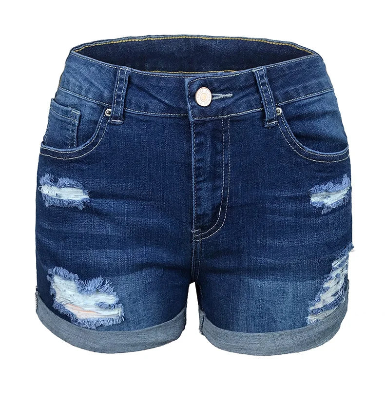 Women’s Stretch Mid Rise Denim Shorts With Ripped Holes