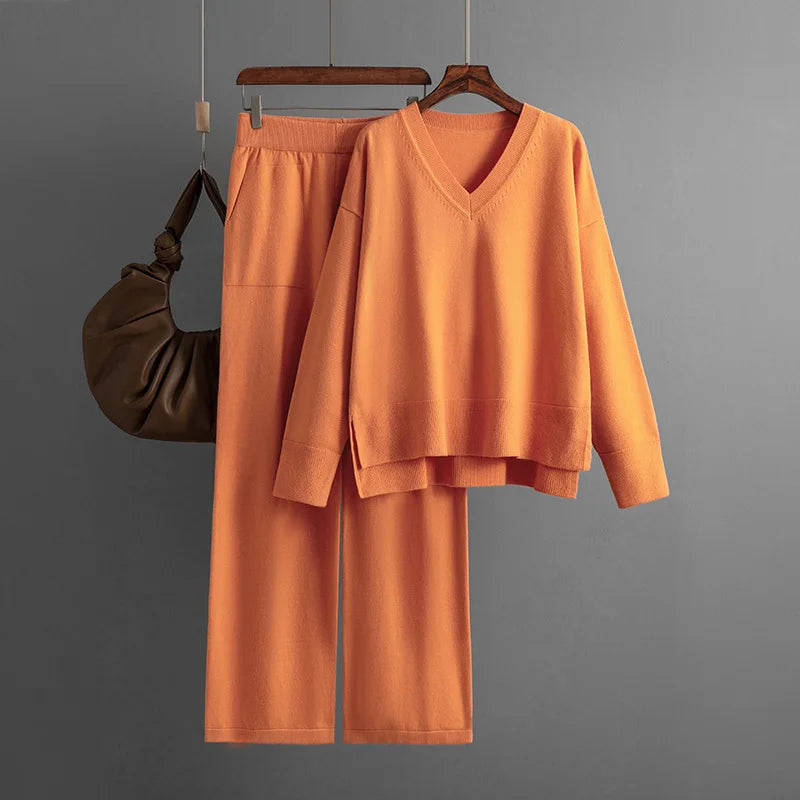 Two Piece Casual Sweater With Solid Color Pants